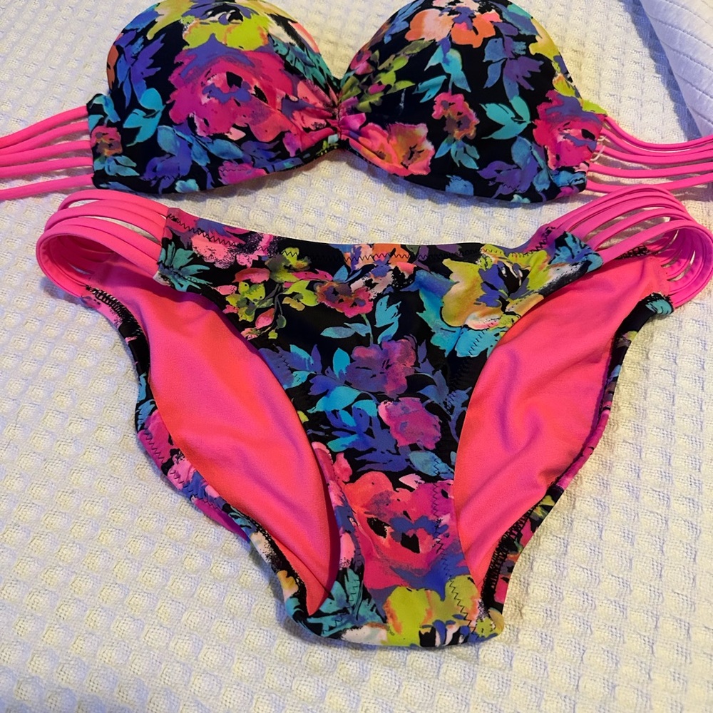 Merona Pink Strappy Floral Bikini - Vintage 80s-90s Style